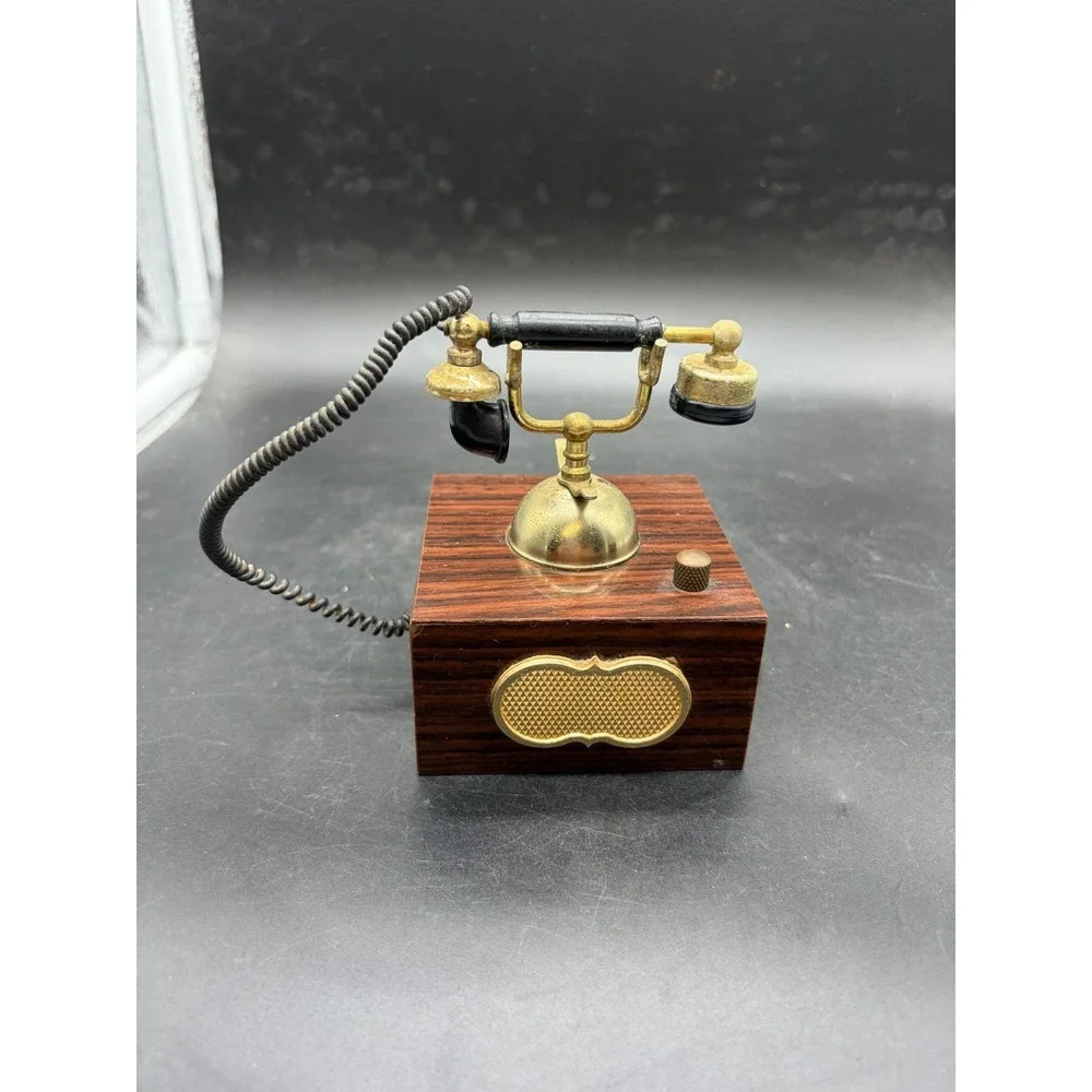 Vintage Miniature Telephone Music Box Antique Style Wood Brass Tone Decor